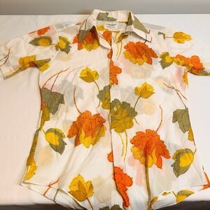 Vintage Lady Marlboro Shirt Women's 15 M 15 1/2  Sheer White Flowers Orange Yell